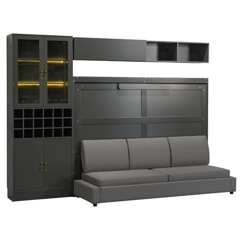 White Wooden Full Size Murphy Bed Frame with Sofa and Storage Shelves W812017