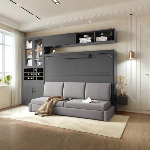 White Wooden Full Size Murphy Bed Frame with Sofa and Storage Shelves W812017