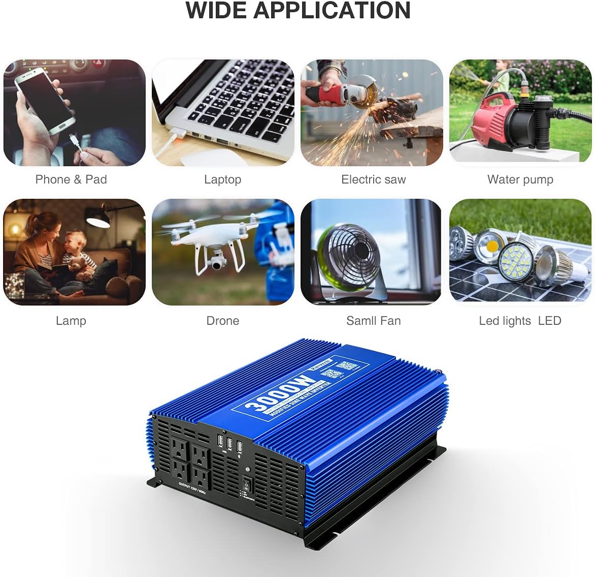 3000W Power Inverter DC12V to 110V AC Car Inverter with 4AC Outlets 2USB Port W45832