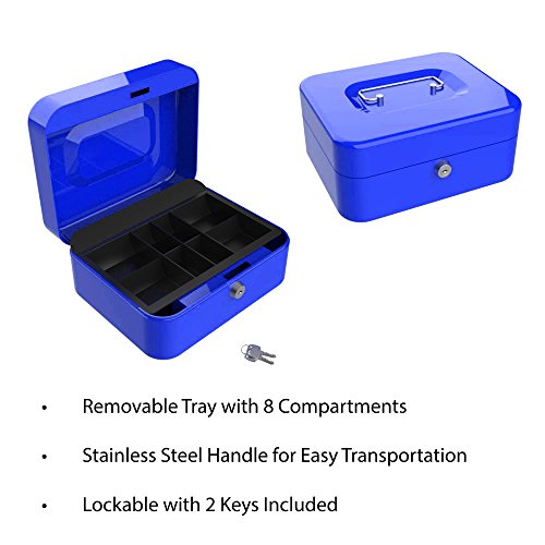 Blue 8-Inch Key Lock Cash Box with Coin Tray R783290