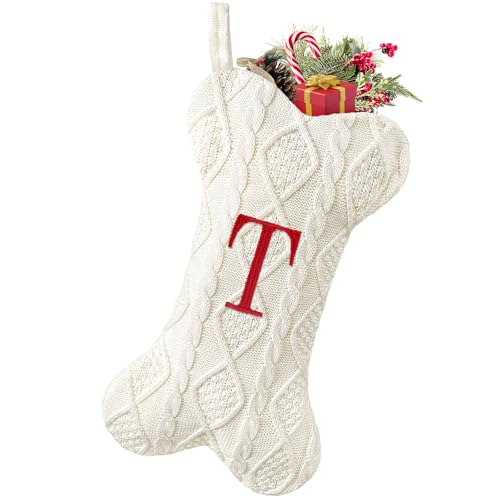 White Large Knit Dog Christmas Stocking with Initials P633041