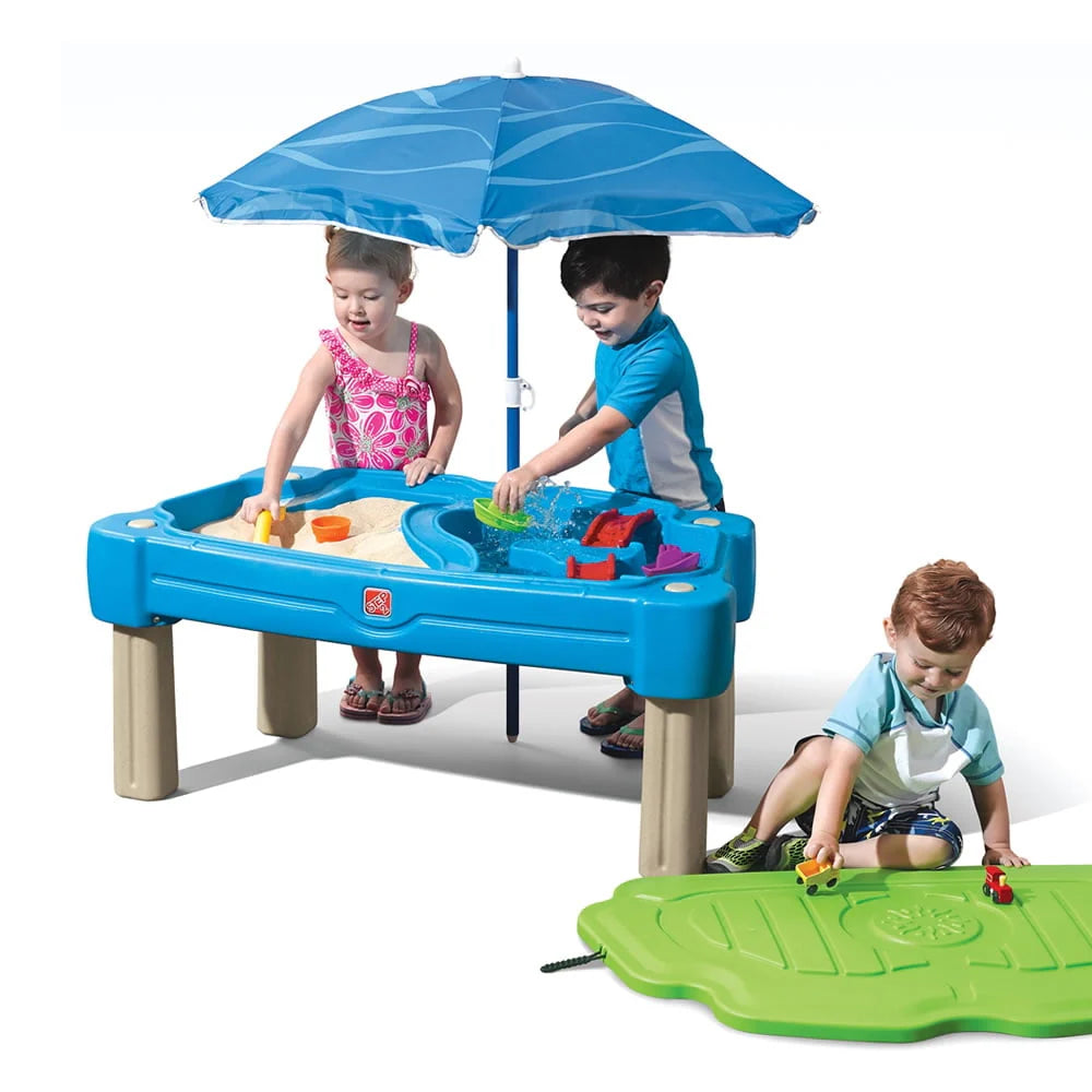 Blue Plastic Sandbox and Water Table with Cover and Umbrella R18679