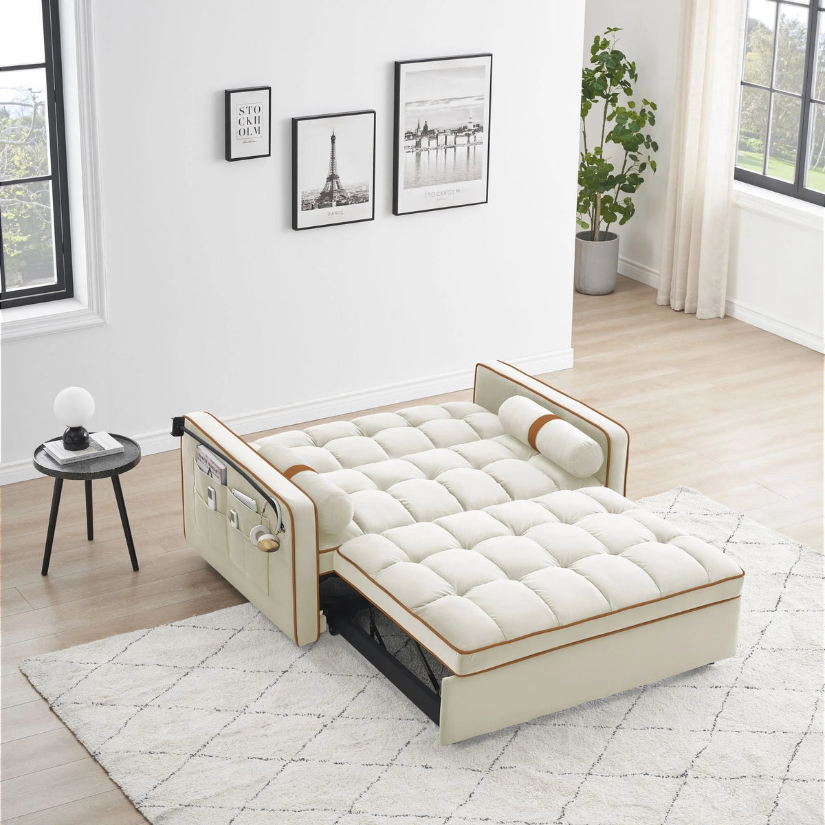 White 3 in 1 Sofa Bed Loveseat Sleeper with Two Pillows V6126