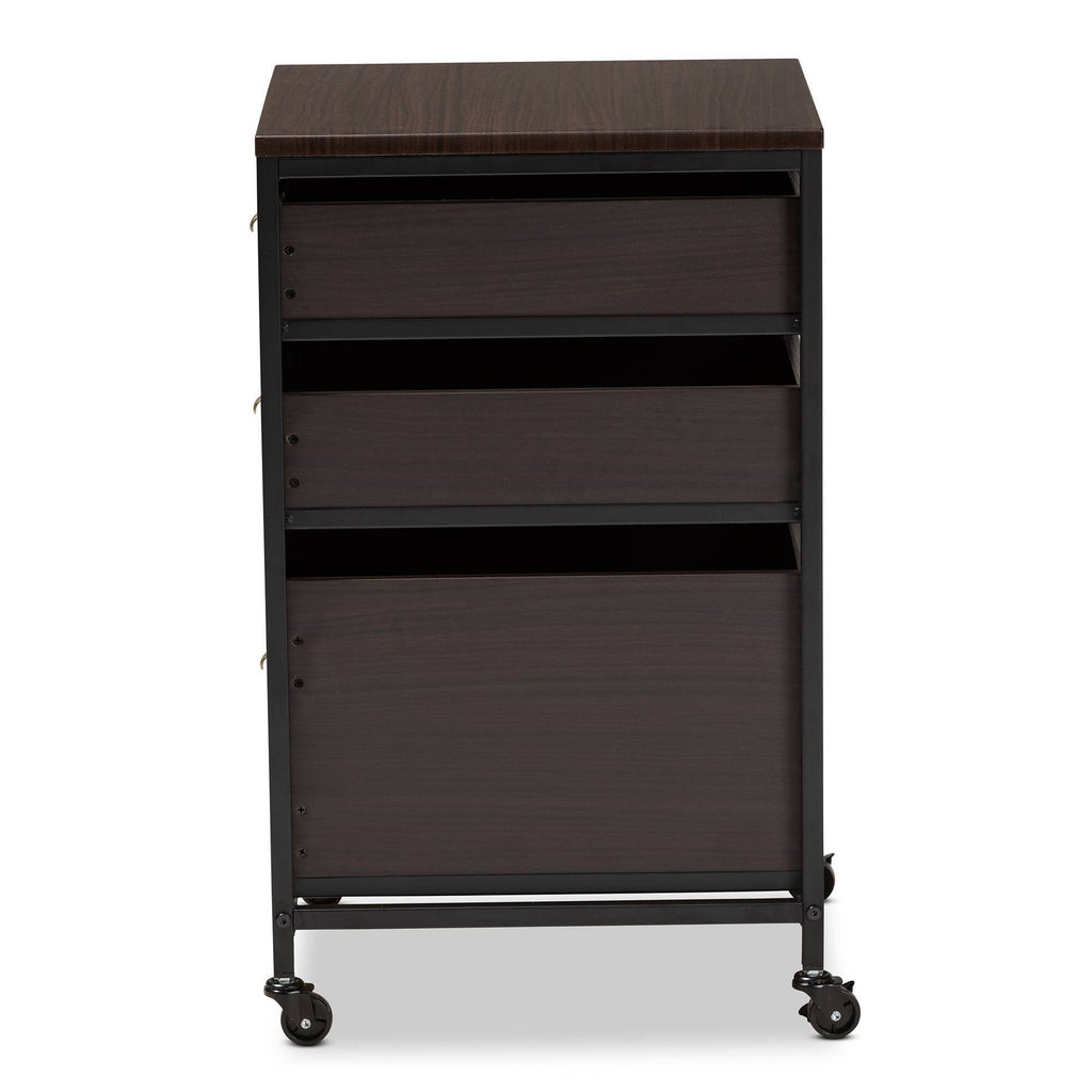 Espresso Wood and Black Metal Mobile File Cabinet 3-Drawer E574255