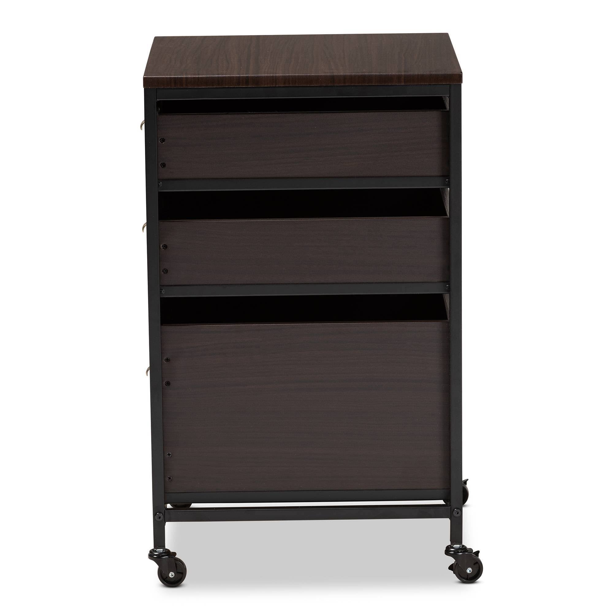 Espresso Wood and Black Metal Mobile File Cabinet 3-Drawer E574255