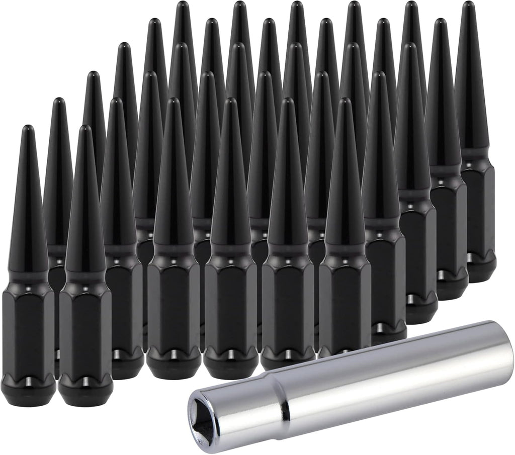 M14x1.5 Spike Lug Nuts with Cone Seat, Black, Set of 24 D652