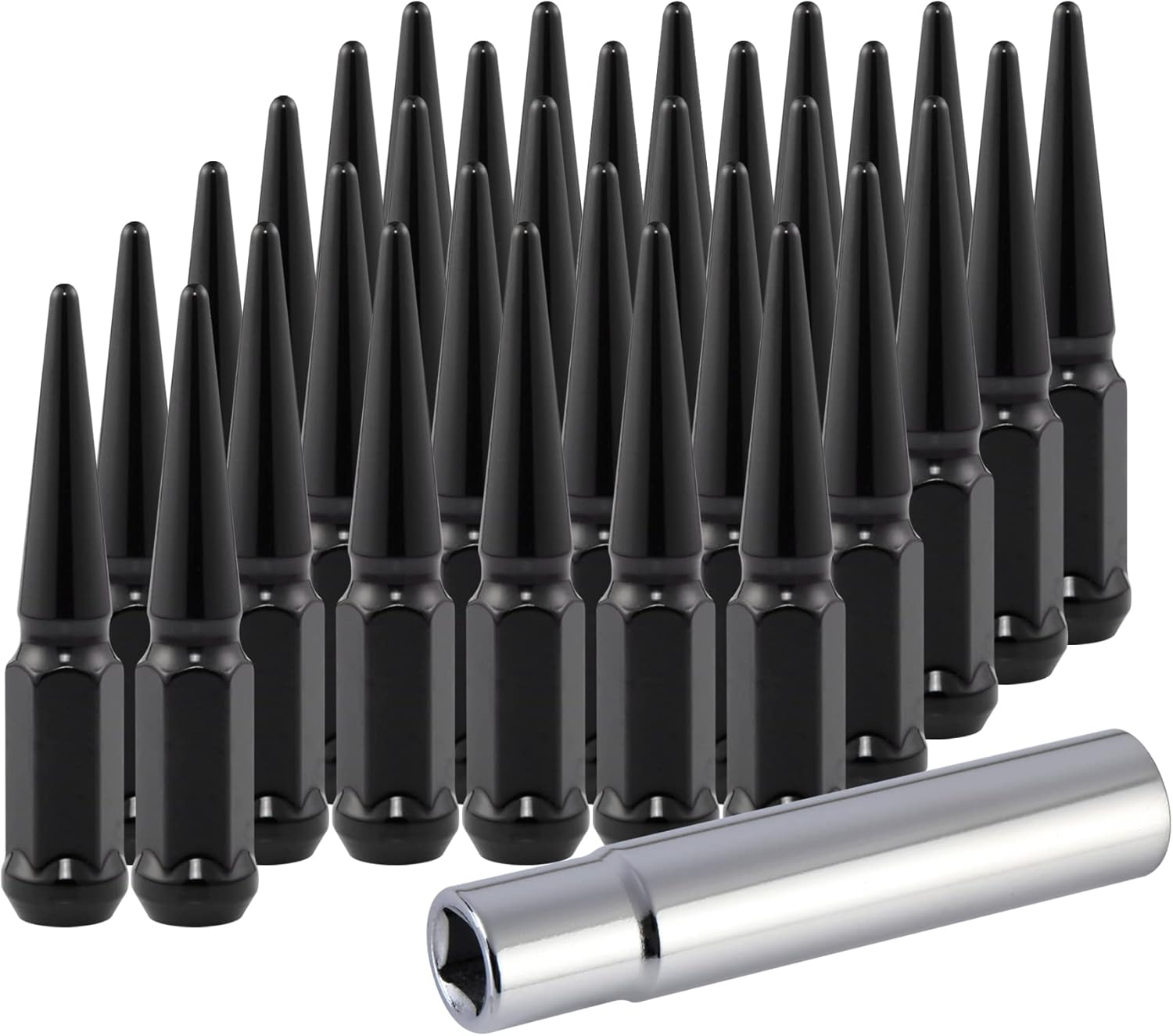 M14x1.5 Spike Lug Nuts with Cone Seat, Black, Set of 24 D652