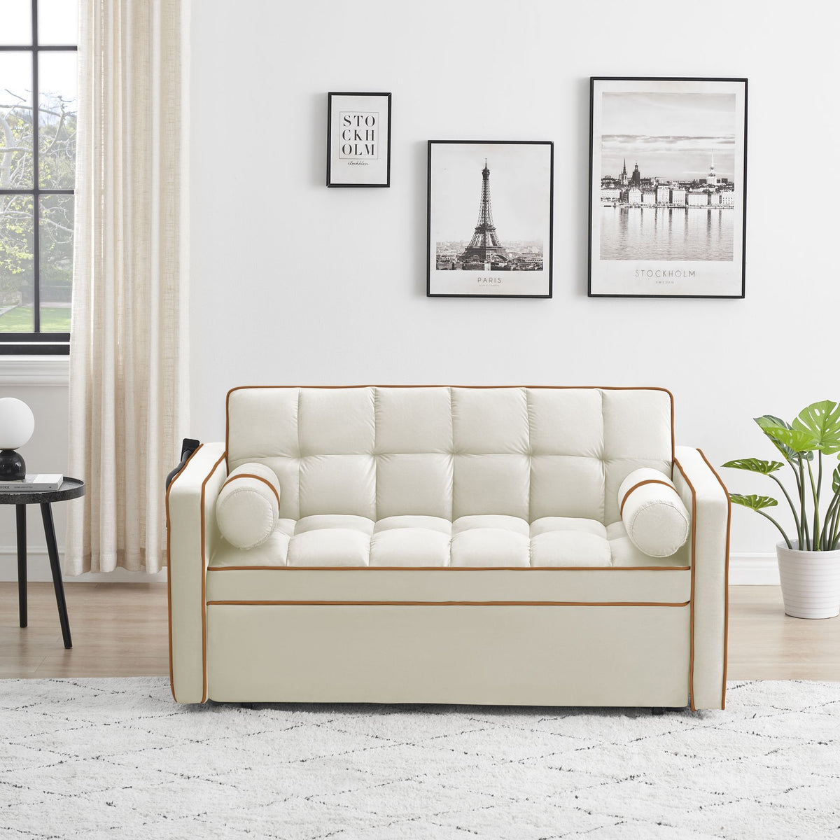 White 3 in 1 Sofa Bed Loveseat Sleeper with Two Pillows V6126