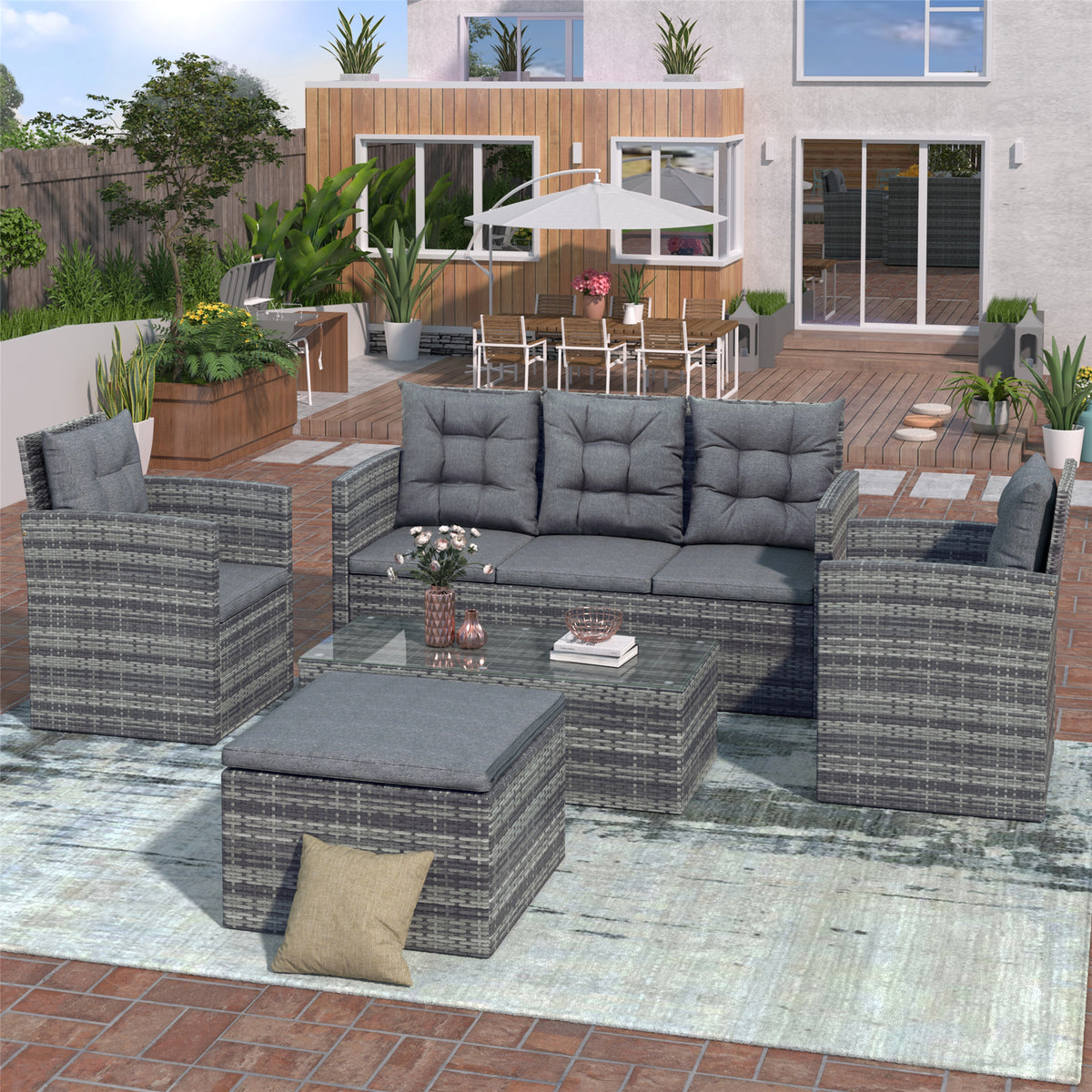 5 Piece Outdoor Patio Furniture Set with Storage Ottoman, 3 Seat Couch & 2 Arm Chairs, PE Wicker Sofa with Tempered Glass Table, Gray D5027