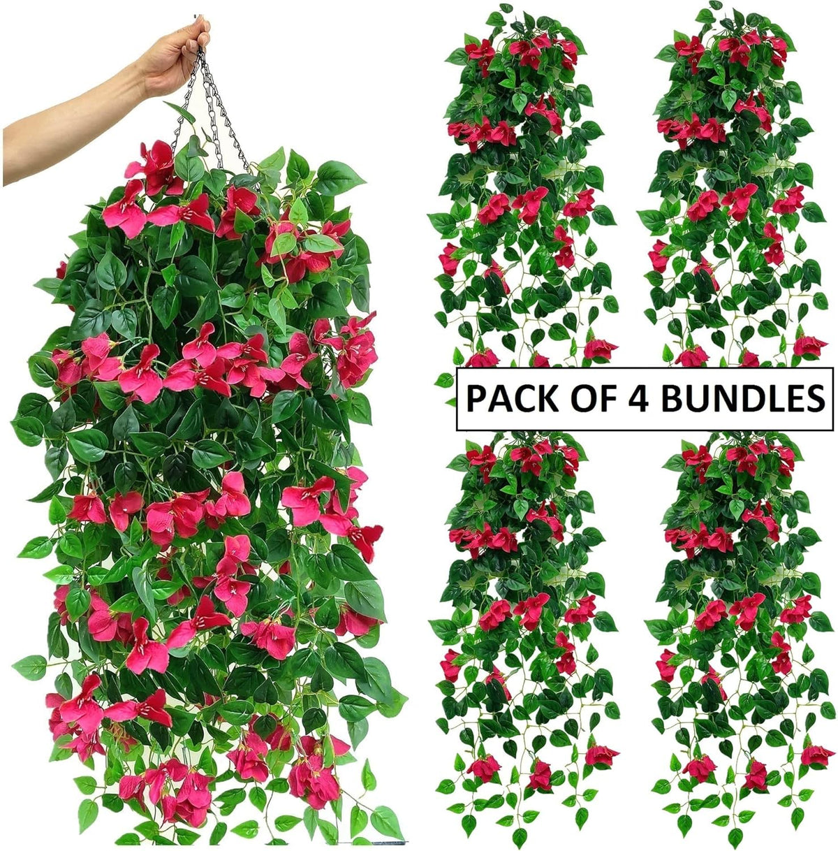 Pack of 4 Artificial Hanging Bougainvillea Silk Plastic Flower Vines Faux Plant (Fuchsia) E570871