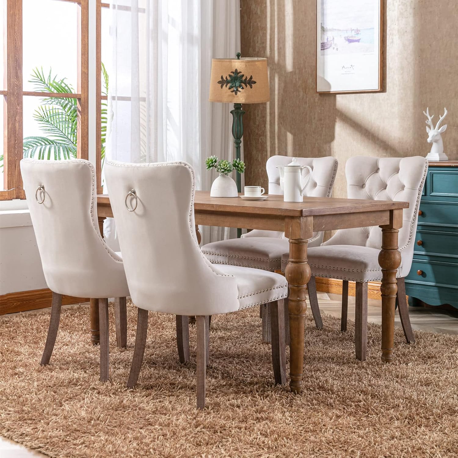 Beige Velvet Upholstered Dining Chair 2-Pcs Set A3781