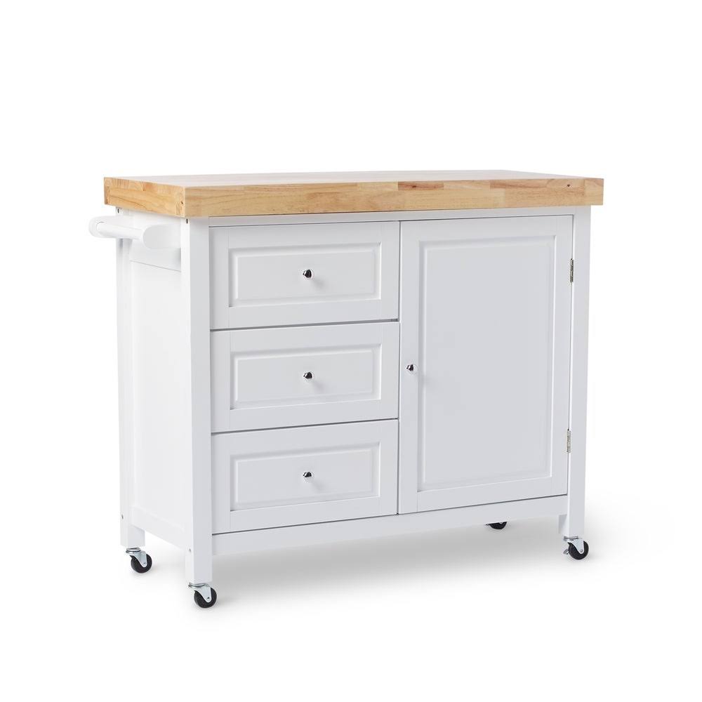 White Rubberwood Kitchen Island Cart X371556