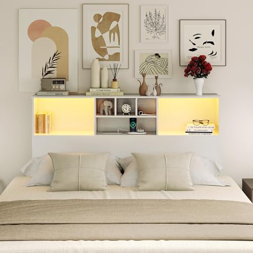 King Size Wooden Headboard with LED Light and Storage Bookcase M359476