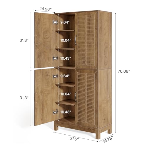 70" Tall Kitchen Pantry Cabinet with Adjustable Shelves, 6-Tier Storage Cabinet with Doors and Shelves, Rustic Brown Q2894