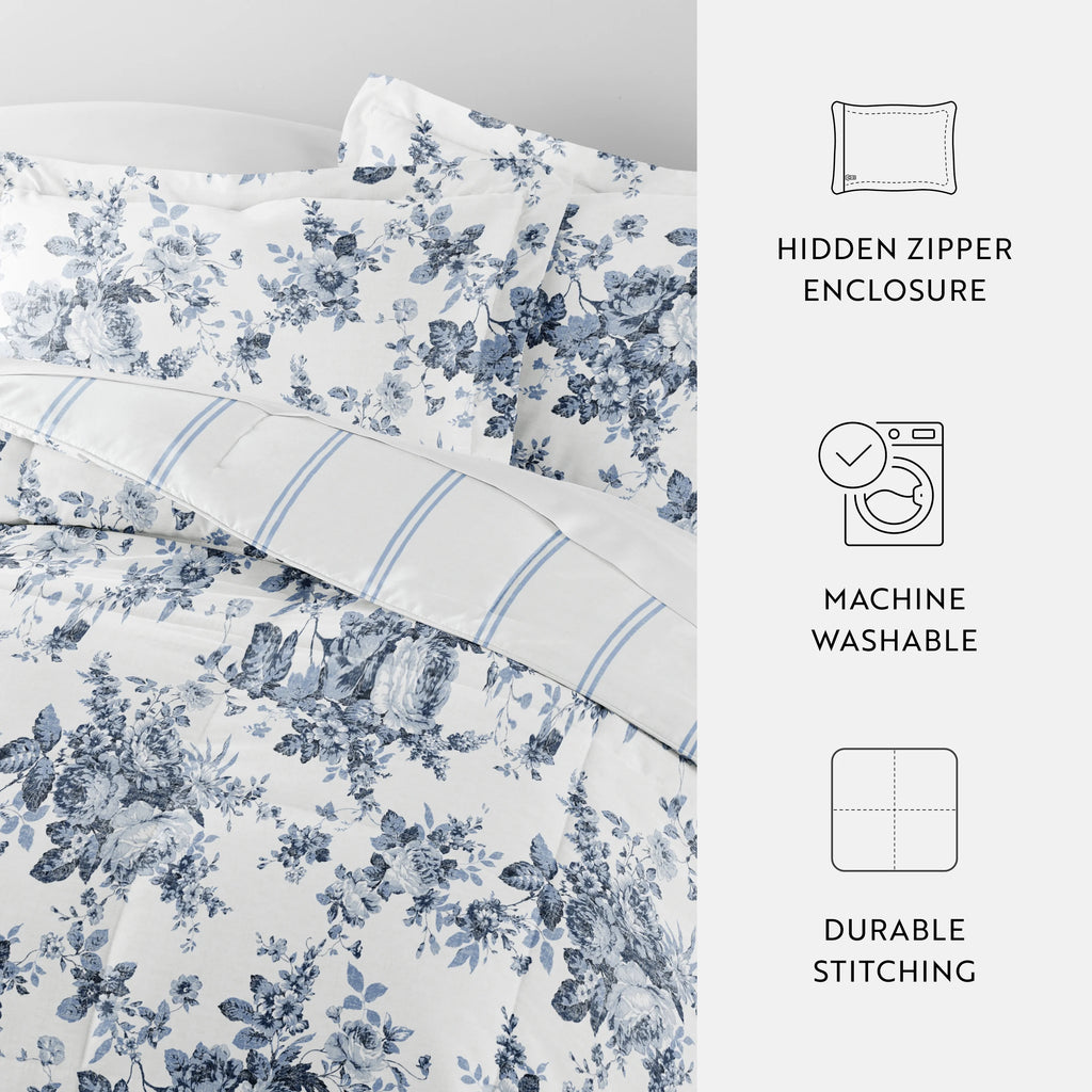 Cabbage Rose Stripe Ultra Soft Reversible Comforter Bed Set B351