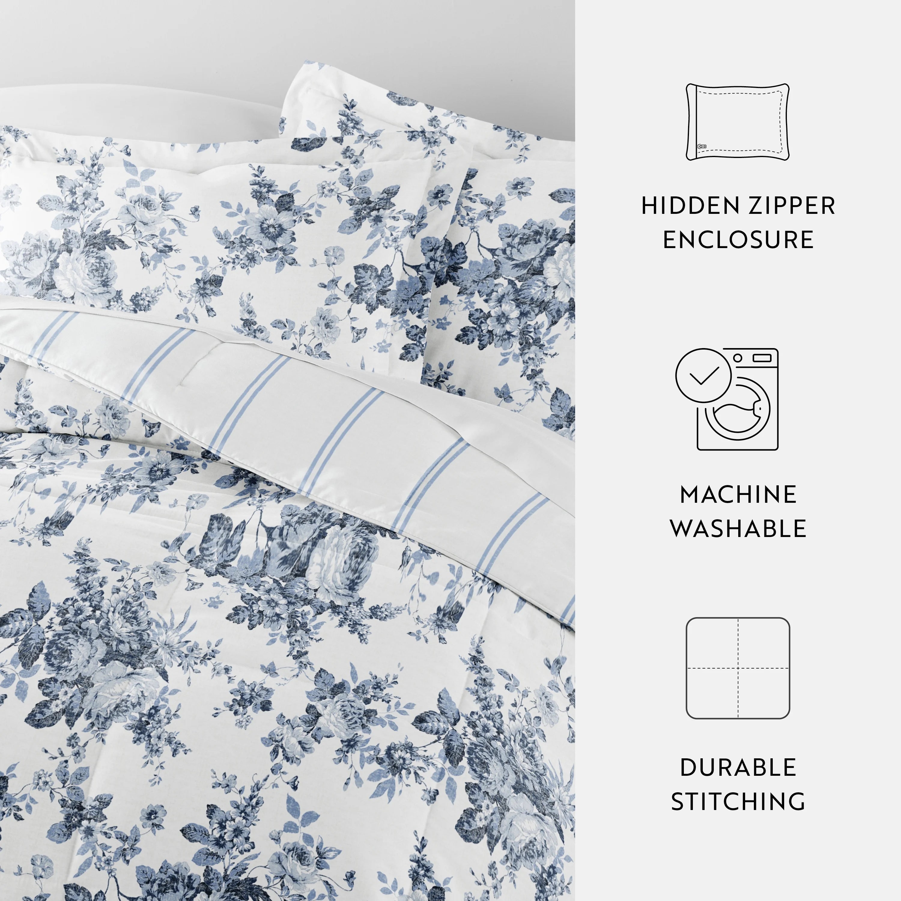 Cabbage Rose Stripe Ultra Soft Reversible Comforter Bed Set B351