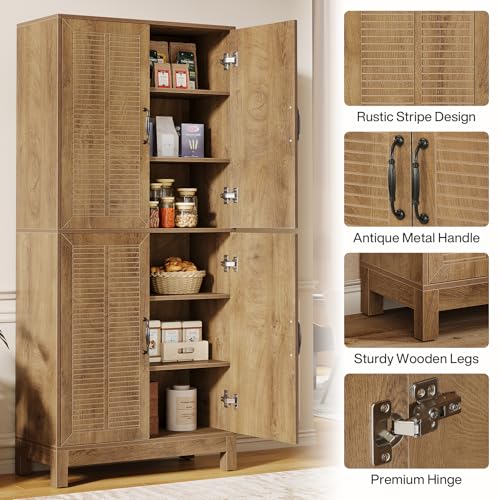 70" Tall Kitchen Pantry Cabinet with Adjustable Shelves, 6-Tier Storage Cabinet with Doors and Shelves, Rustic Brown Q2894