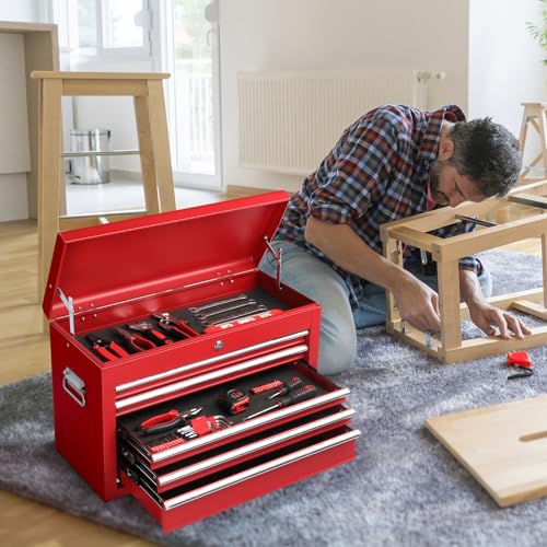 24" Portable Tool Box with 5 Drawers & Top Storage Tray, Lockable Metal Tool Chest D565201