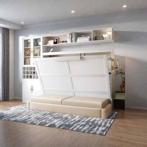 White Wooden Full Size Murphy Bed Frame with Sofa and Storage Shelves W812017