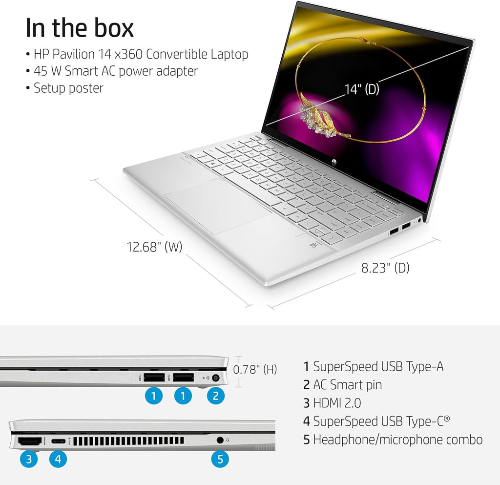14" FHD Convertible Laptop, Intel Core i5, 8GB RAM, 256GB SSD, Natural Silver, Windows 11 Home U16539