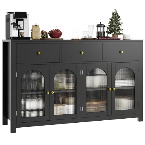 Black 55.1" Wood Buffet Cabinet with 3 Drawers and 4 Doors H700