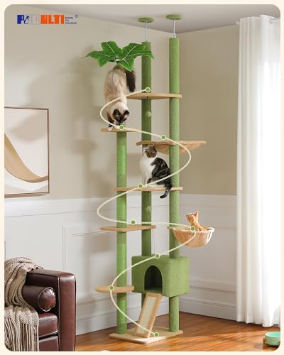 Brown Mushroom Cat Tree Adjustable Height with Cat Condo Hammock Scratching Post W53085