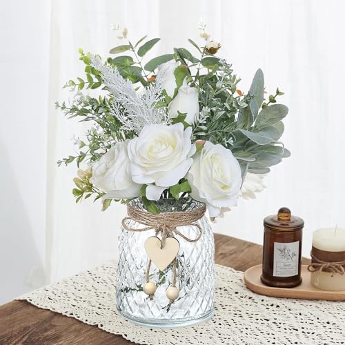 Artificial Flowers with Vase, Silk Hydrangea Flower Bouquet, Faux Flower Arrangement (White) K395567