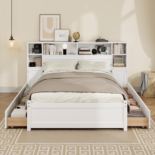 Twin Size Wood Storage Platform Bed with 6 Drawers and Bookcase Headboard E90182