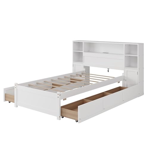 Twin Size Wood Storage Platform Bed with 6 Drawers and Bookcase Headboard E90182