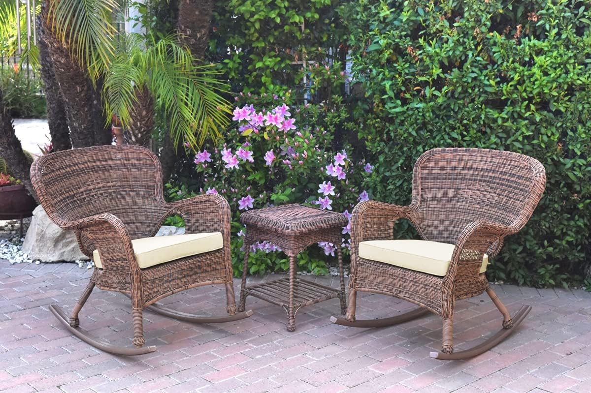 Windsor Honey Wicker Rocker End Table Set with Chair Cushion, Ivory C61327