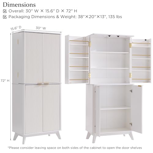 72" Tall Fluted Pantry Storage Cabinet with Adjustable Shelves & Door Racks, Natural Oak V534
