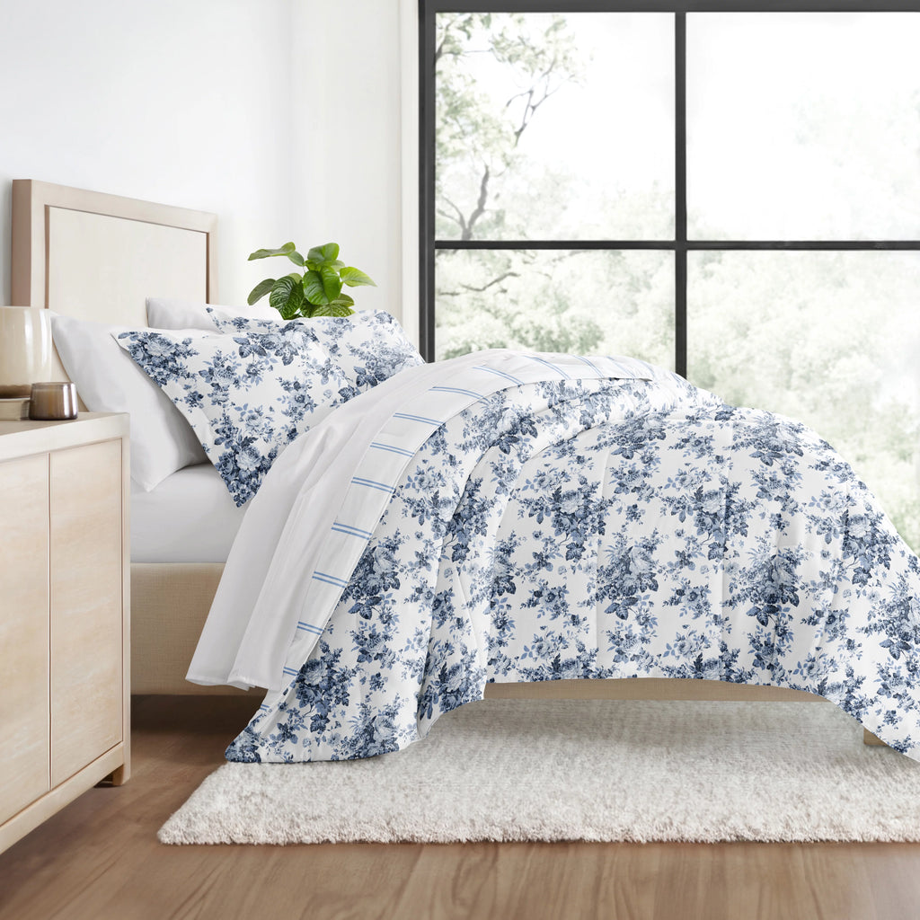 Cabbage Rose Stripe Ultra Soft Reversible Comforter Bed Set B351