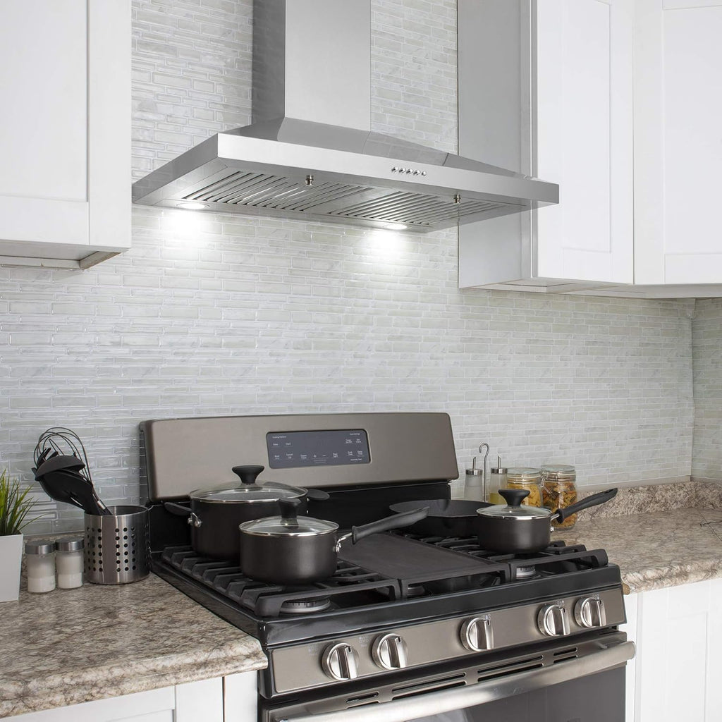 30" Wall Mount Range Hood in Stainless Steel with LEDs, Push Control and Carbon Filters M238