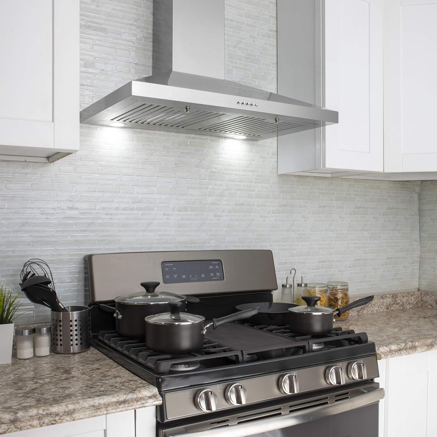 30" Wall Mount Range Hood in Stainless Steel with LEDs, Push Control and Carbon Filters M238