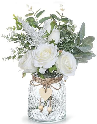 Artificial Flowers with Vase, Silk Hydrangea Flower Bouquet, Faux Flower Arrangement (White) K395567