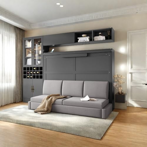White Wooden Full Size Murphy Bed Frame with Sofa and Storage Shelves W812017