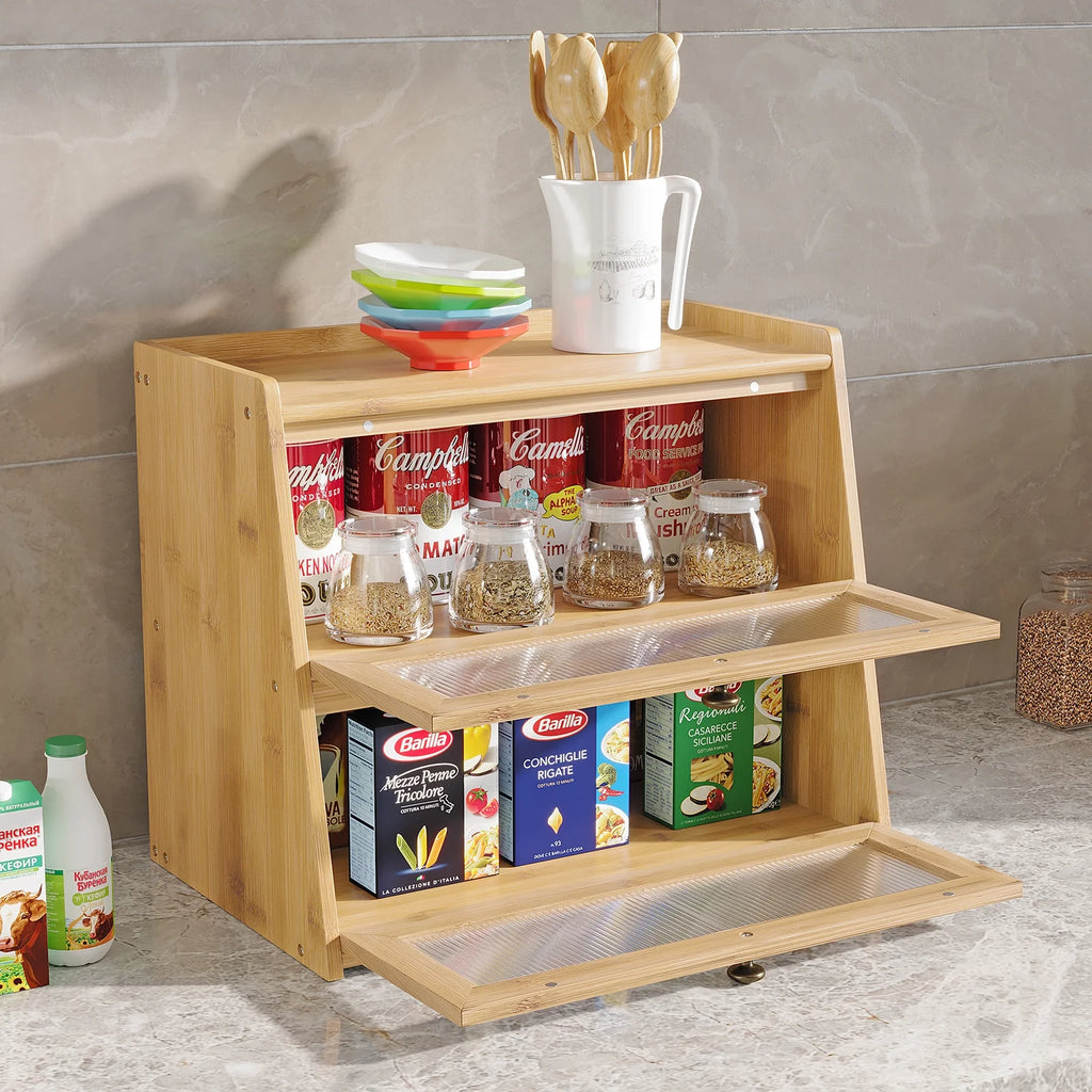 Double Layer Bamboo Bread Storage Container with Window A5267