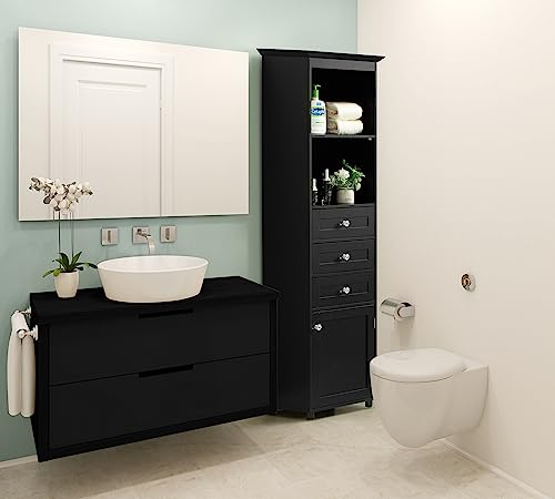 Black Tall Freestanding Storage Cabinet with 2 Open Shelves, 3 Drawers M1001