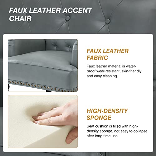 Faux Leather Accent Chair with Button-Tufted Back and Wood Legs V65385