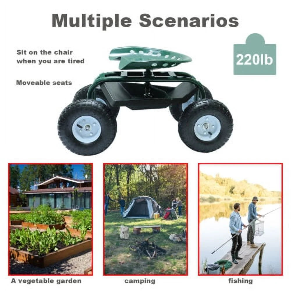 Green Metal Rolling Garden Seat Cart with 4 Wheels J287