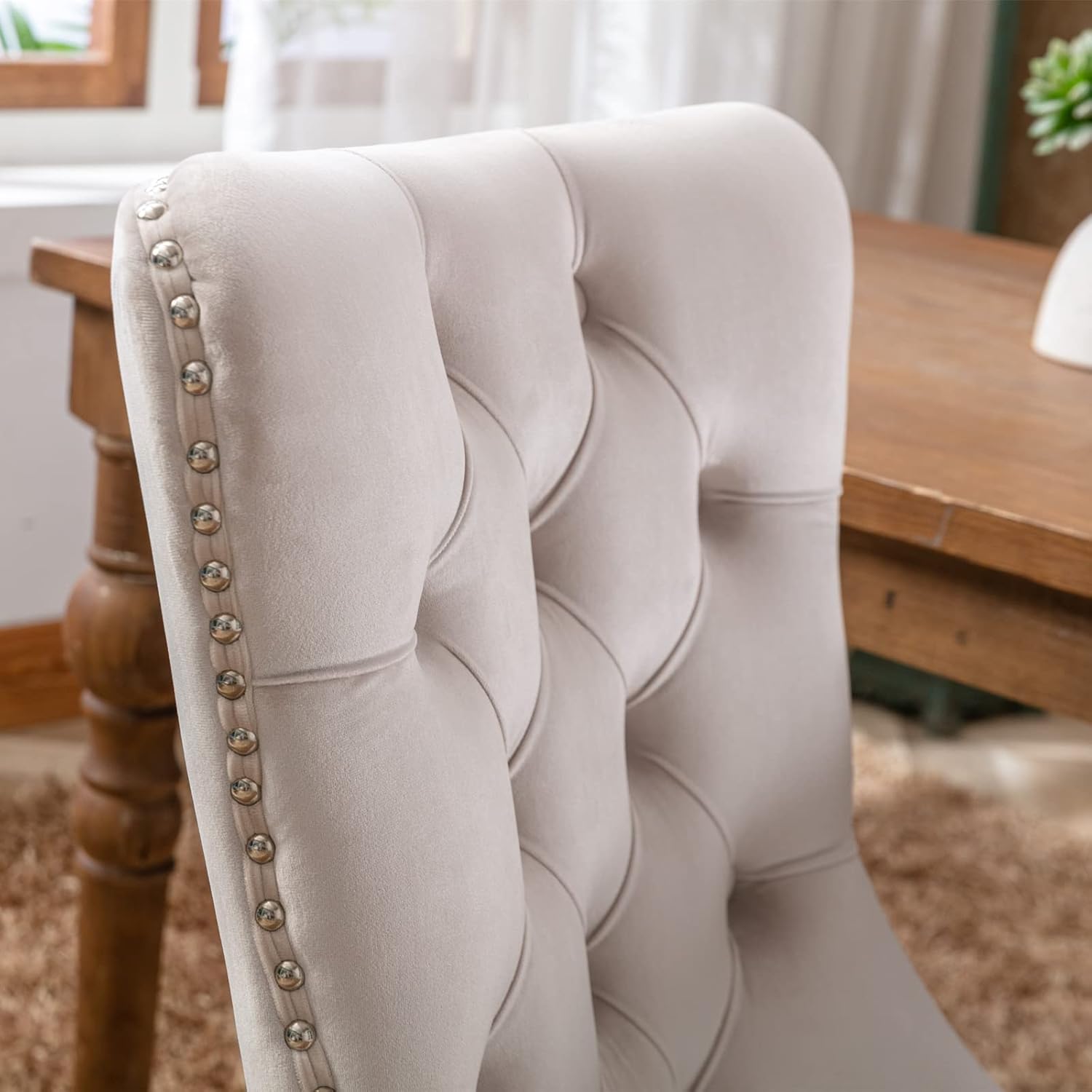 Beige Velvet Upholstered Dining Chair 2-Pcs Set A3781