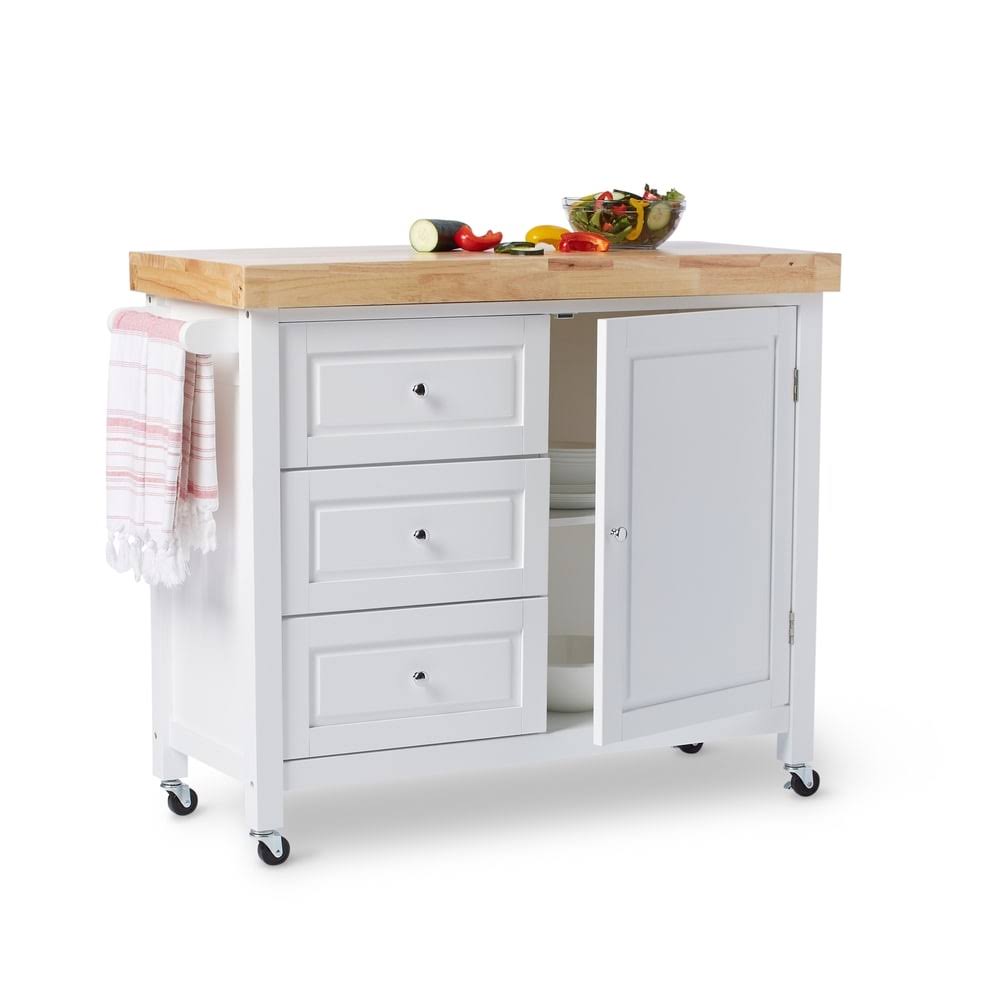 White Rubberwood Kitchen Island Cart X371556