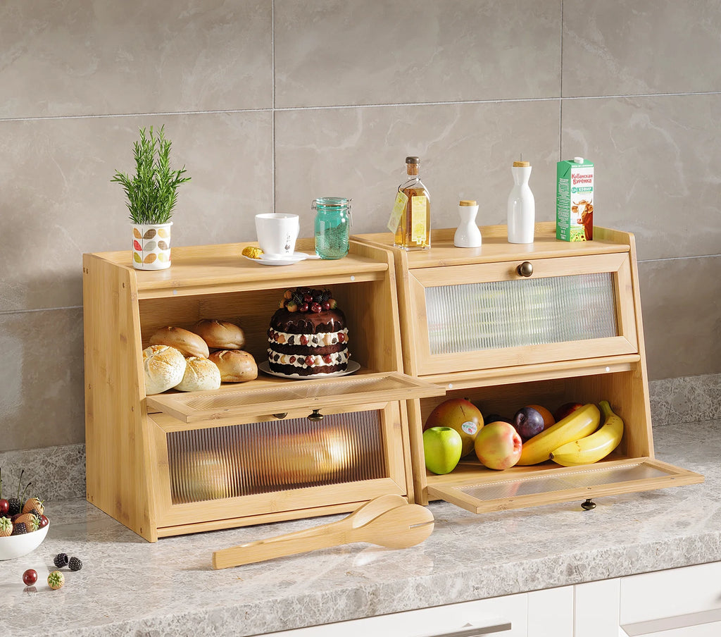 Double Layer Bamboo Bread Storage Container with Window A5267