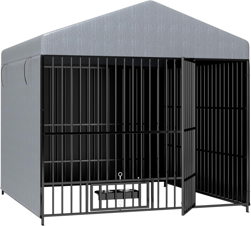 Large Outdoor Metal Dog Kennel with Waterproof Cover Roof (6.6'L x 6.6'W x 6.4'H) F954