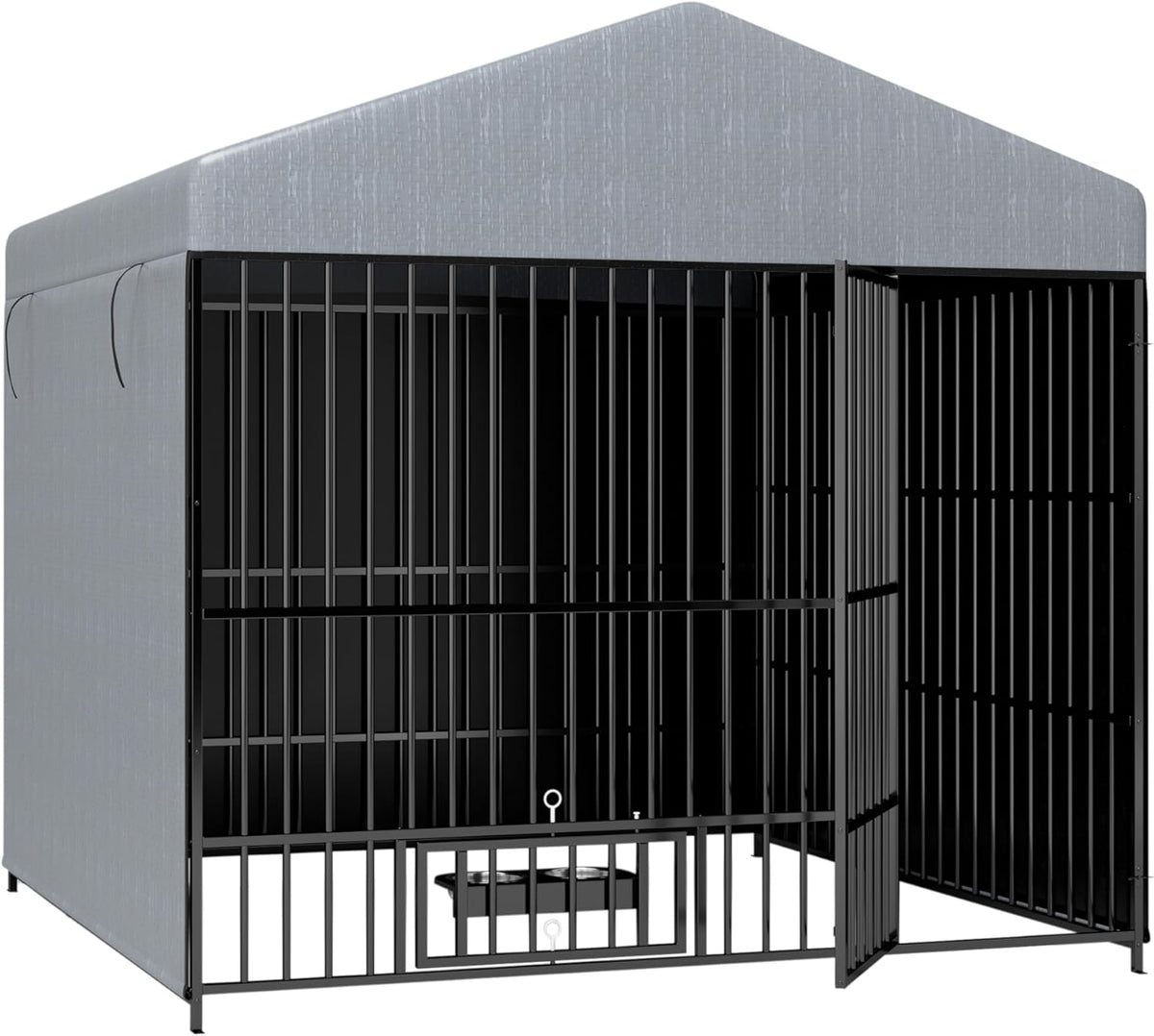 Large Outdoor Metal Dog Kennel with Waterproof Cover Roof (6.6'L x 6.6'W x 6.4'H) F954