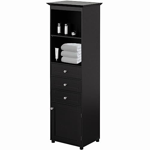 Black Tall Freestanding Storage Cabinet with 2 Open Shelves, 3 Drawers M1001