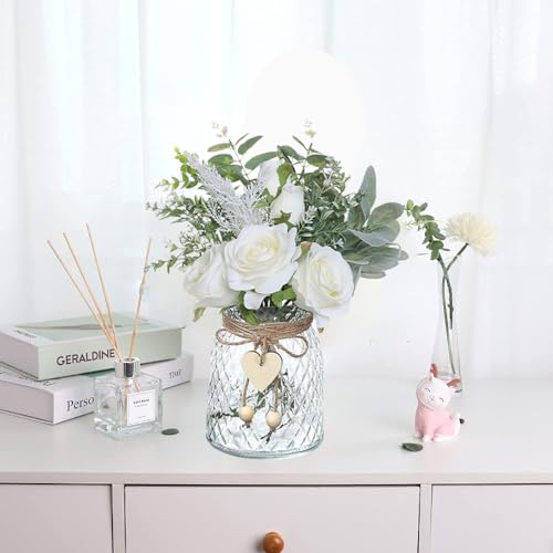 Artificial Flowers with Vase, Silk Hydrangea Flower Bouquet, Faux Flower Arrangement (White) K395567