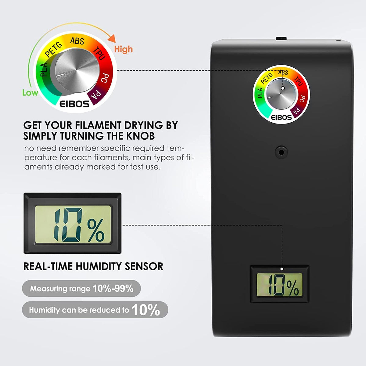 3D Printer Filament Dryer with Fan, Adjustable Temperature, Humidity Control & Spool Holder X9343