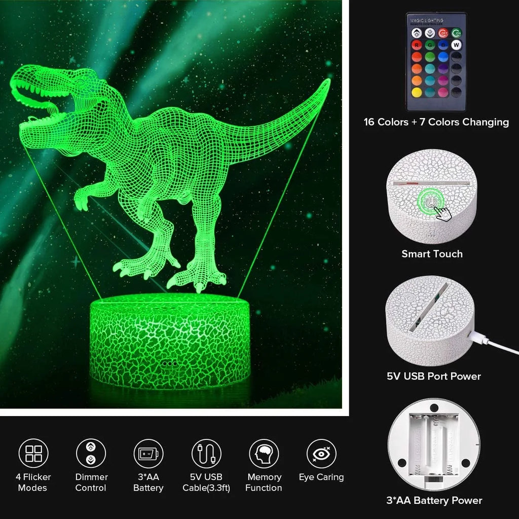 3D Dinosaur Night Light with Remote, 7 Colors + 16 Colors Changing Dimmable T Rex Q672782