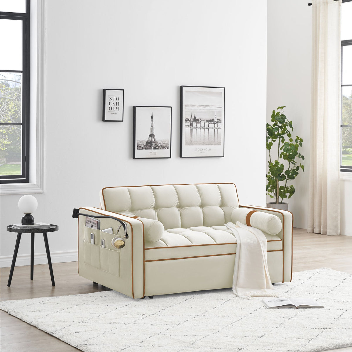 White 3 in 1 Sofa Bed Loveseat Sleeper with Two Pillows V6126